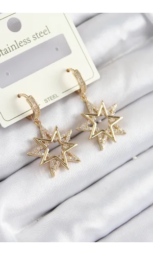316L Çelik Zirkon Taşlı Sallantılı Yıldız Model Gold Renk Kadın Küpe