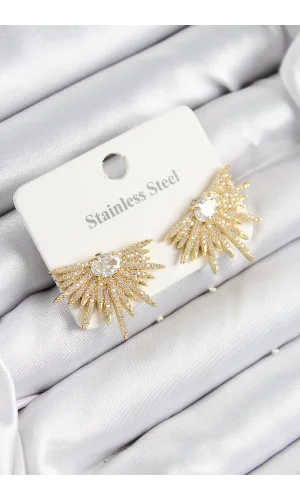 316L Çelik Zirkon Taşlı Yelpaze Model Gold Renk Kadın Küpe