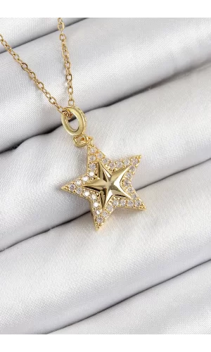 316L Çelik Zirkon Taşlı Yıldız Model Gold Renk Kadın Kolye