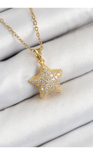 316L Çelik Zirkon Taşlı Yıldız Model Gold Renk Kadın Kolye
