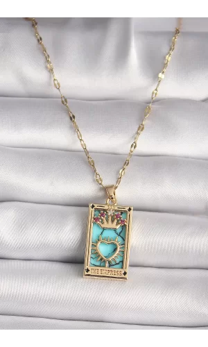 316L Gold Renk Pembe Zirkon Taşlı Taç Kalp Portre Model Kadın Kolye