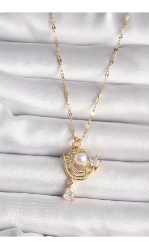 316L Gold Renk Zirkon Taşlı Ay Yıldız Model Sallantı Detay Kadın Kolye