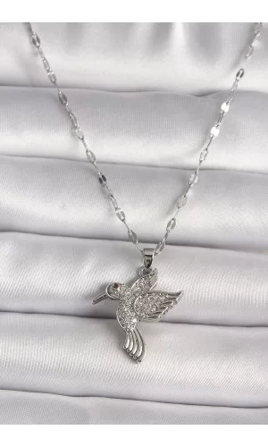 316L Gümüş Renk Zirkon Taşlı Sinek Kuşu Model Kadın Kolye