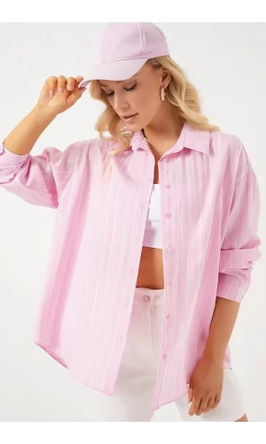 3900 Oversize Kareli Gömlek - Y.Pembe