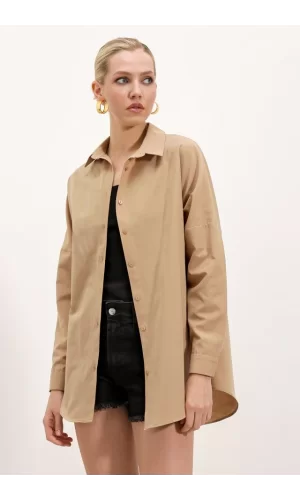 3900 Oversize Uzun Basic Gömlek - Bisküvi