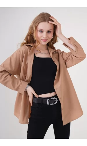 3900 Oversize Uzun Basic Gömlek - Camel
