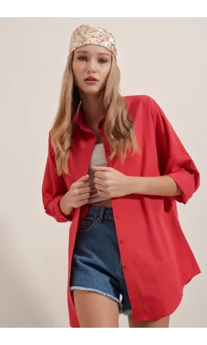 3900 Oversize Uzun Basic Gömlek - Kırmızı