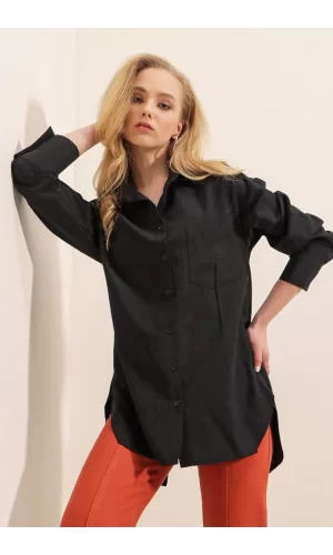 3952 Arkası Düğmeli Boyfriend Gömlek - Siyah