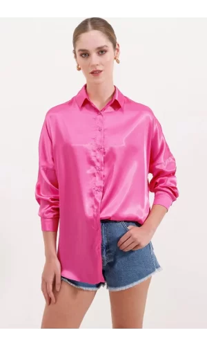 3985 Oversize Saten Gömlek - Fuşya