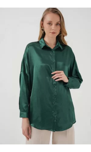 3985 Oversize Saten Gömlek - Zümrüt Yeşili