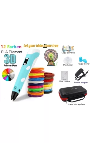 3d Pen Üç Boyutlu Yazıcı Kalem Printer (12 Adet 3 Metre Filament -36 Metre Led Ekranlı Adatörlü