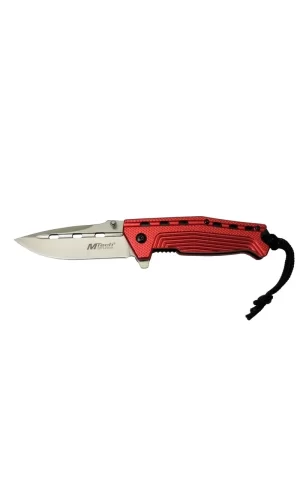 4-13-3 Kırmızı Kamp Çakı 19,5cm- Yarı Otomatik, Kemerlikli, İpli, Oluklu