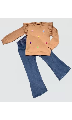 Luz&Pos 4-5-6 Yaş Kot Pantolonlu Flamingo Desenli Penye Sweat Uzun Kollu 2li Kız Çocuk Takımı Kahverengi