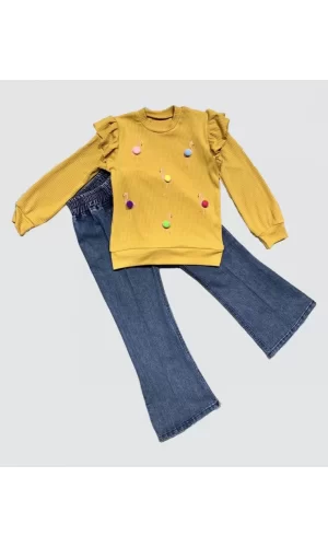 Luz&Pos 4-5-6 Yaş Kot Pantolonlu Flamingo Desenli Penye Sweat Uzun Kollu 2li Kız Çocuk Takımı Hardal
