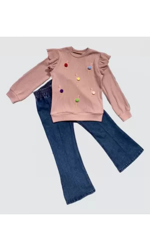 Luz&Pos 4-5-6 Yaş Kot Pantolonlu Flamingo Desenli Penye Sweat Uzun Kollu 2li Kız Çocuk Takımı Gül Kurusu
