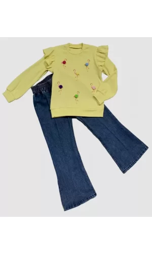 Luz&Pos 4-5-6 Yaş Kot Pantolonlu Flamingo Desenli Penye Sweat Uzun Kollu 2li Kız Çocuk Takımı Sarı