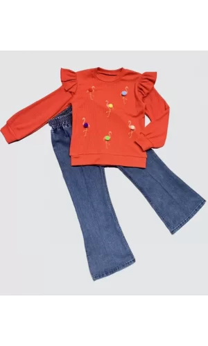 Luz&Pos 4-5-6 Yaş Kot Pantolonlu Flamingo Desenli Penye Sweat Uzun Kollu 2li Kız Çocuk Takımı Kırmızı