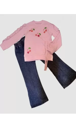 Luz&Pos 4-5-6 Yaş Kot Pantolonlu Kiraz Desenli Penye Sweat Uzun Kollu 2li Kız Çocuk Takımı Pembe