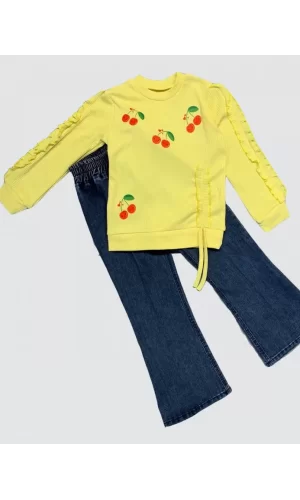 Luz&Pos 4-5-6 Yaş Kot Pantolonlu Kiraz Desenli Penye Sweat Uzun Kollu 2li Kız Çocuk Takımı Sarı
