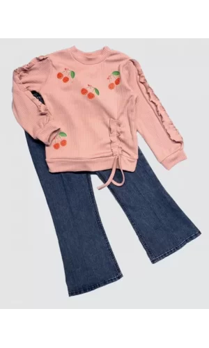 Luz&Pos 4-5-6 Yaş Kot Pantolonlu Kiraz Desenli Penye Sweat Uzun Kollu 2li Kız Çocuk Takımı Gül Kurusu