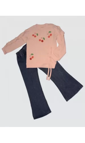 Luz&Pos 4-5-6 Yaş Kot Pantolonlu Kiraz Desenli Penye Sweat Uzun Kollu 2li Kız Çocuk Takımı Pudra