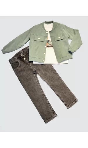 Luz&Pos 4-5-6 Yaş Kot Pantolonlu Nubukceketli Uzun Kollu Penye Sweat 3lü Erkek Çocuk Takımı Yeşil