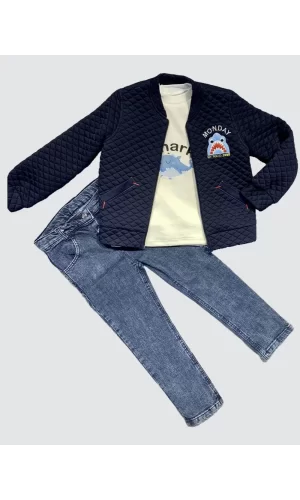 Luz&Pos 4-5-6 Yaş Kot Pantolonlu Pilot Mont Uzun Kollu Penye Sweat 3lü Erkek Çocuk Takımı Lacivert