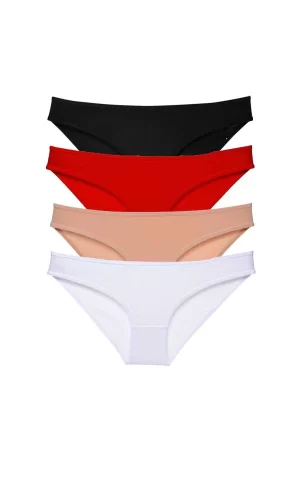 4 adet Süper Eko Set Likralı Kadın Slip Külot Siyah Kırmızı Ten Beyaz