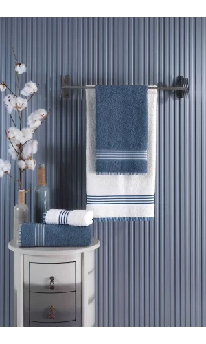 4 lü Kadın Erkek Banyo Havlusu Takımı Oscar Mavi Krem