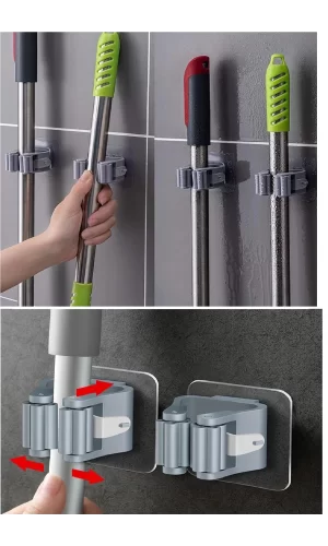 4 Lü Kelebek Yapışkanlı Mop Fırça Çekpas Sap Tutucu Organizer Banyo Düzenleyici