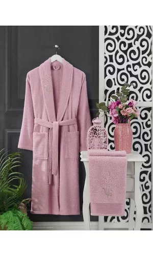 4 Parça Aile Bornoz Seti Kadın Erkek Havlulu Bornoz Takımı 100 Lacivert Pembe