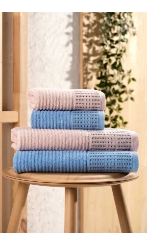 4 Parça Büyük Boy Banyo Havlu Takımı &#37;100 Pamuklu Marena Mavi Pudra
