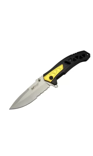 4191 Sarı Kamp Çakı 21cm - Yarı Otomatik, Kemerlikli, Testere Detaylı, Desenli Sap