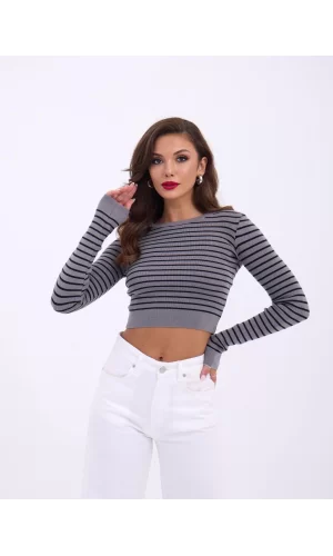 42211 TRİKO ÇİZGİLİ CROP-GRİ-SİYAH