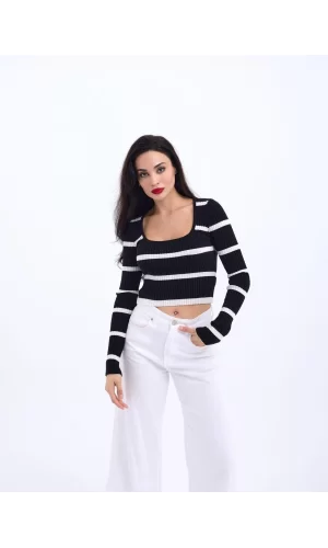 42221 TRİKO ÇİZGİLİ FİTİLLİ CROP-SİYAH-EKRU