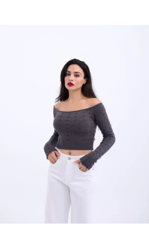 42241 TRİKO KAYIK YAKA CROP-ANTRASİT