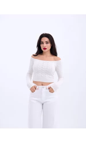 42241 TRİKO KAYIK YAKA CROP-EKRU