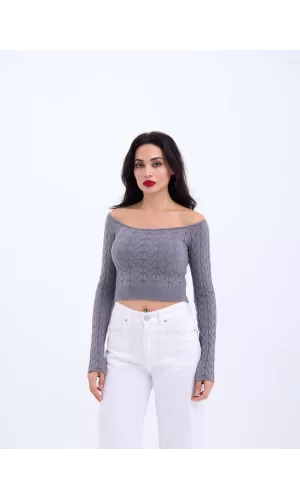 42241 TRİKO KAYIK YAKA CROP-GRİ