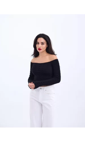 42241 TRİKO KAYIK YAKA CROP-SİYAH