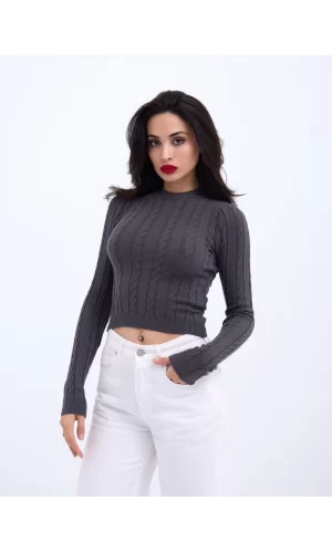 42491 TRİKO SAÇ ÖRGÜ CROP KAZAK-ANTRASİT