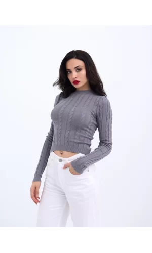 42491 TRİKO SAÇ ÖRGÜ CROP KAZAK-GRİ