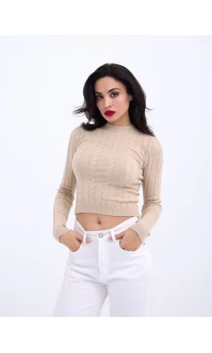 42491 TRİKO SAÇ ÖRGÜ CROP KAZAK-VİZON