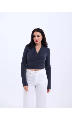 42531 TRİKO SİMLİ YAKALI CROP-ANTRASİT