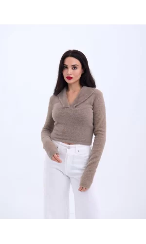 42531 TRİKO SİMLİ YAKALI CROP-KAHVE