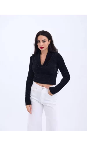 42531 TRİKO SİMLİ YAKALI CROP-SİYAH