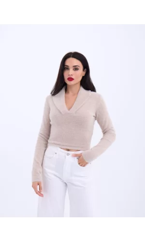 42531 TRİKO SİMLİ YAKALI CROP-TAŞ