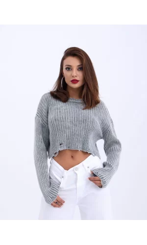 43191 TRİKO CROP KAZAK-GRİ