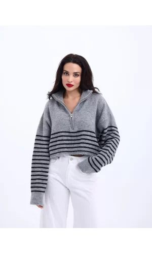 43311 TRİKO ÇİZGİLİ FERMUARLI CROP-GRİ-SİYAH
