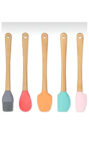 5&#39;li Renkli Ahşap Saplı Silikon Uçlu Spatula Fırçalı Kaşık Seti -yemek Hazırlık Seti 21 Cm