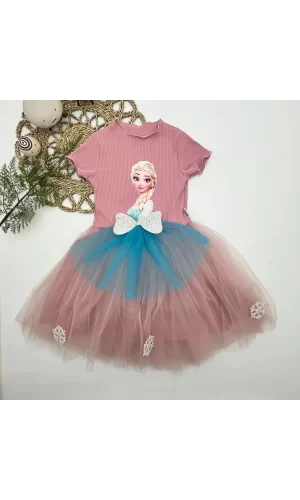 Luz&Pos 5-6-7 Yaş Elsa Desenli Fiyonklu Tül Etekli Astarlı Kısa Kollu Kız Çocuk Tütü Elbise Gül Kurusu